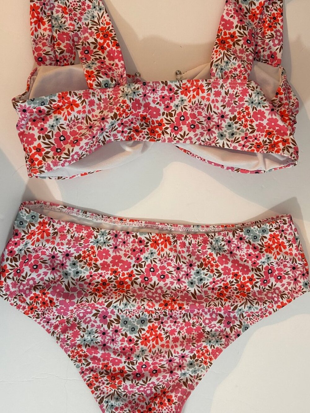 Floral Bikini Size L Pink Orange High-Waisted Ruched Top Retro Cottagecore NWOT - Picture 2 of 13